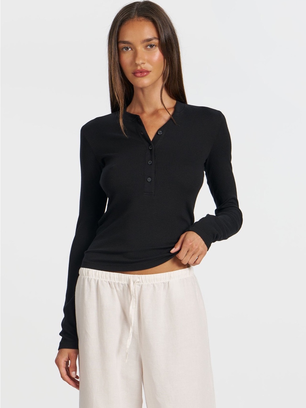 Cotton Citizen Black Long Sleeve Ribbed Henley Top